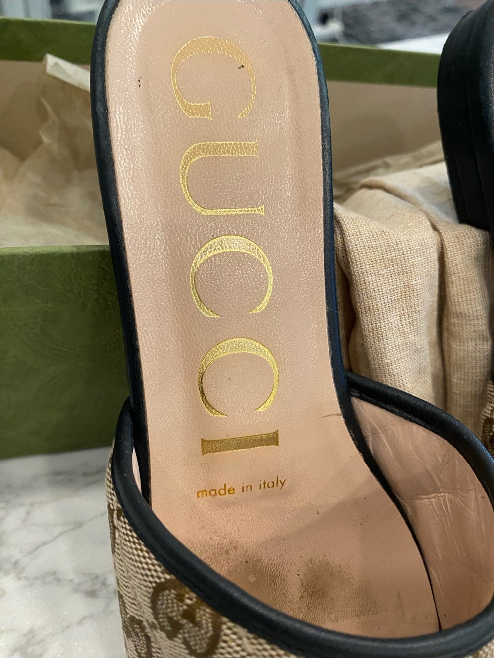 Gucci Brown GG Canvas Slide Mules with Gold Double G - Picture 3 of 4